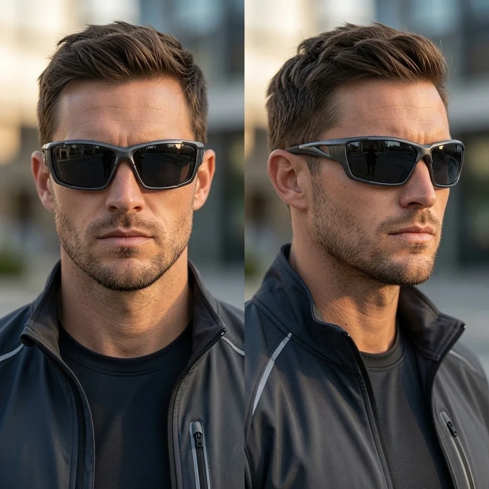 Mens Dark Grey Frame Wrap Around Sport Sunglasses Vented Temples Dark Lens Gafas